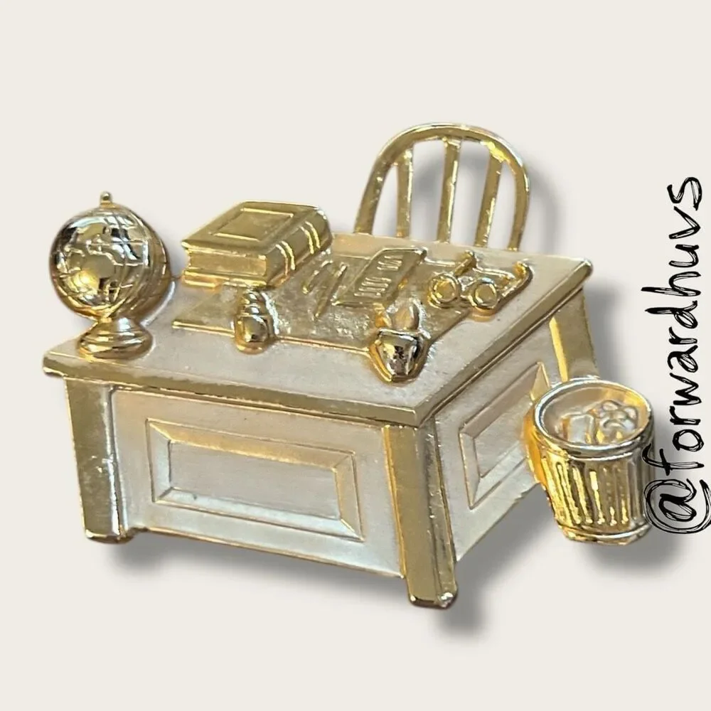 Vintage JJ Teacher’s Desk Pin – Gold Tone Miniature with Globe, Books & Apple